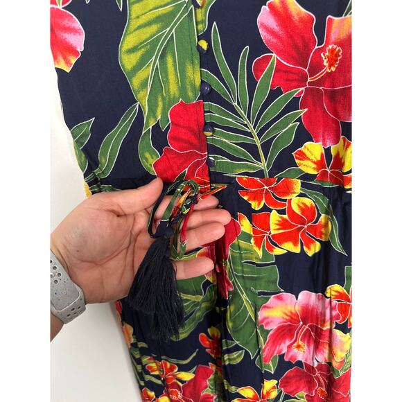 Lulus PURA VIDA NAVY BLUE TROPICAL PRINT BUTTON-UP HIGH-LOW MIDI DRESS Small - Picture 3 of 10